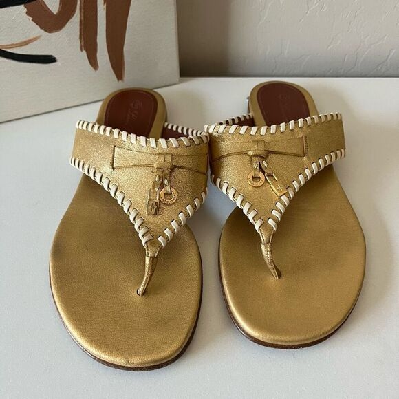 Loro Piana Sandals Leather Metallic Jovis Thong Flip Flop Sandals Gold Size 37.5 - Picture 3 of 8